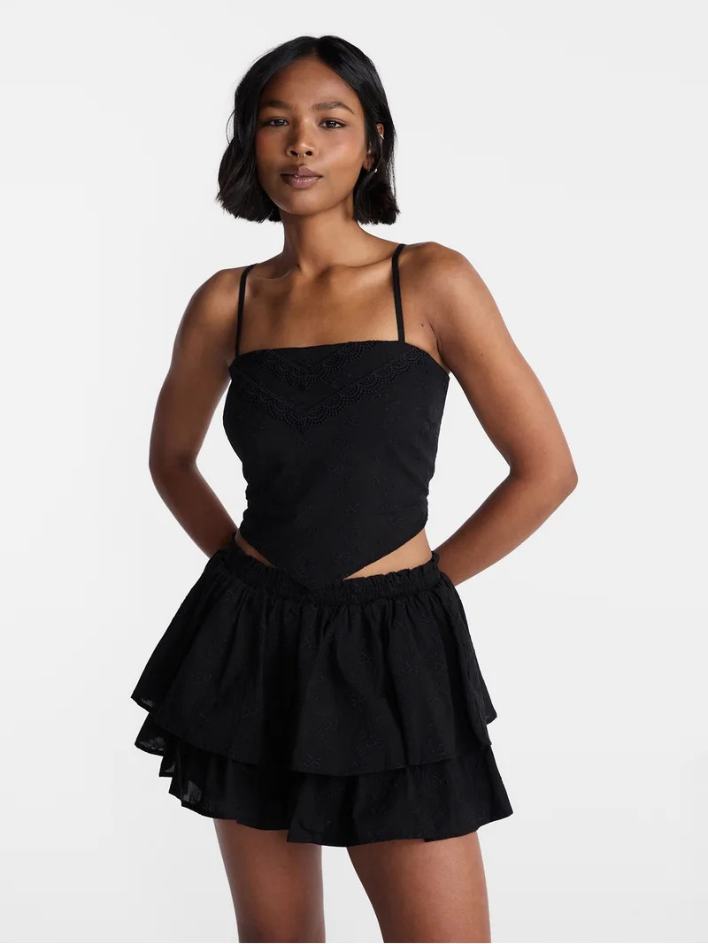 No Boundaries Eyelet Cotton Crop Top and Flutter Skirt Set, 2 Piece, Women's XXS-XXL | Walmart (US)