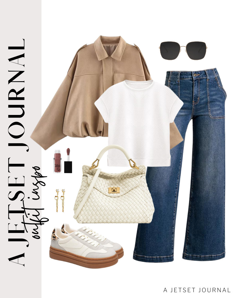You will love wearing this white shirt and jeans, plus a khaki cropped jacket. These beaded huggie hoop earrings are the perfect accessory for this 'fit. 

 #LTKSeasonal #LTKSaleAlert #LTKTravel