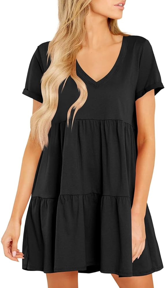 Cosonsen Womens Summer Casual Dresses 2024 Short Sleeve V-Neck Tshirt Dress Flowy Babydoll Dress | Amazon (US)