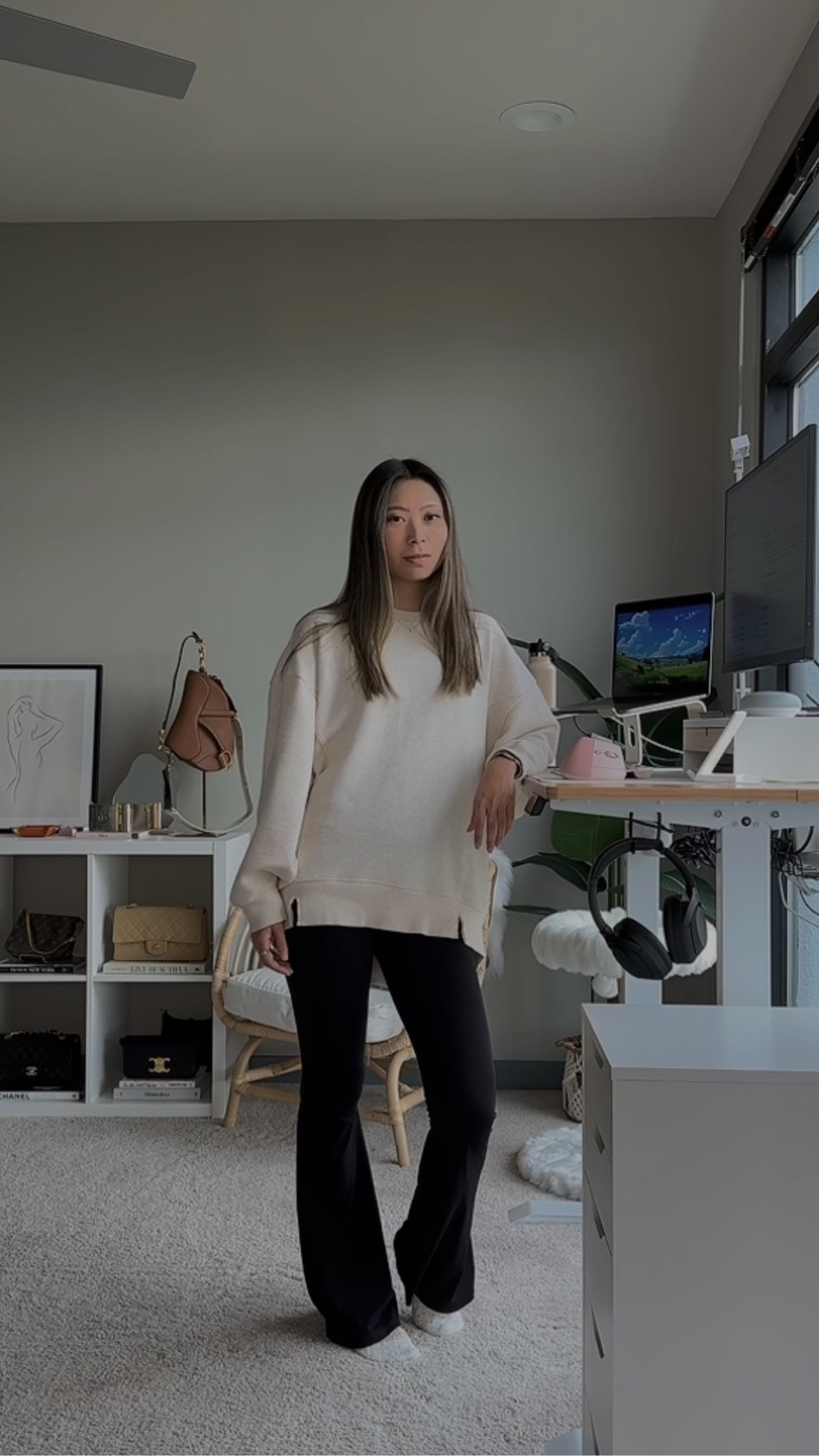 Cozy work from home outfit. Oversized sweatshirt and real me crossover flare leggings from aerie.

Neutral style. Comfy fits. Wfh outfit. Loungewear  

#LTKMostLoved #LTKsalealert #LTKfindsunder100