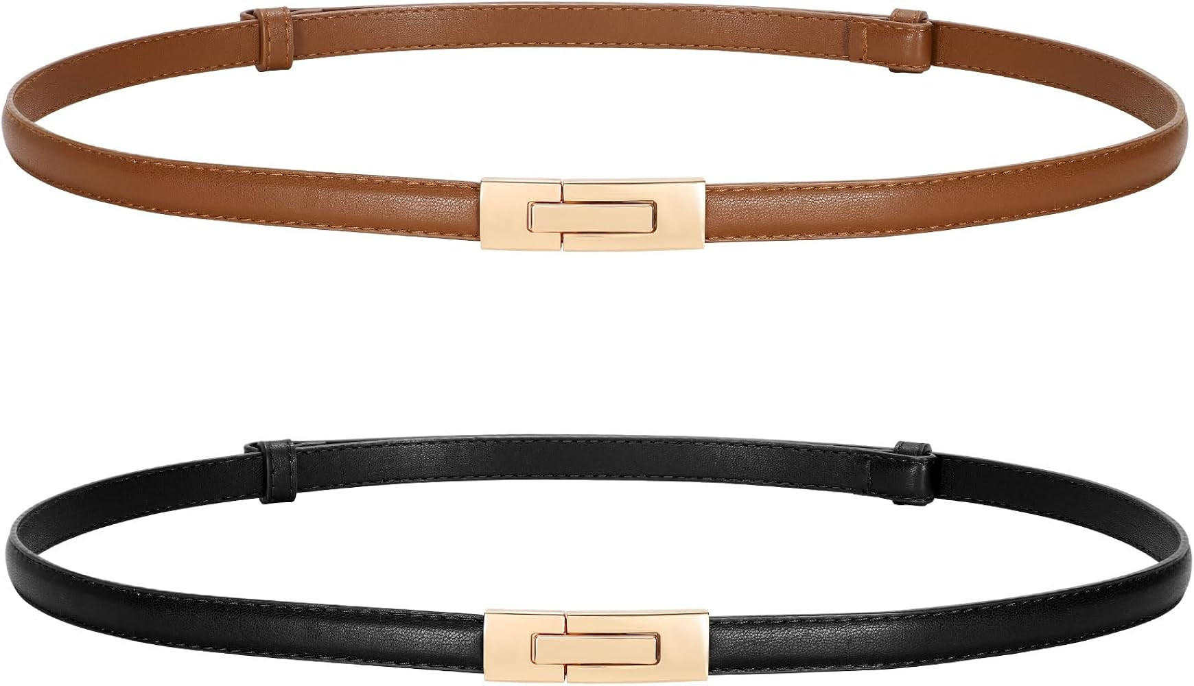 LEACOOLKEY Women Skinny Leather Belts Ladies Thin Waist Belts with Alloy Buckle for Dresses | Amazon (US)