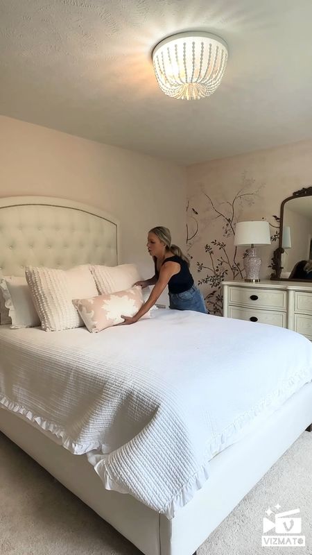 Making my 5 year old daughters bed. I keep it simple and I wanted a room she could grow up in. 
Tufted bed 
Pink pillows 
Schumacher pillow 
Floral wall chinoiserie wall mural #grandmillennial #chinoiserie
#girlsbedroom #decorating #wallpaper #mural #homedecor 

Follow my shop @JillCalo on the @shop.LTK app to shop this post and get my exclusive app-only content!

#liketkit #LTKhome #LTKstyletip #LTKsalealert
@shop.ltk
https://liketk.it/4c1gb

#LTKstyletip #LTKkids #LTKhome