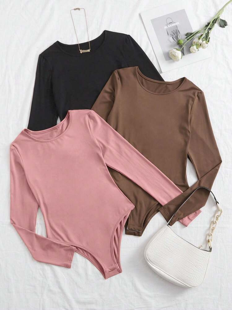 SHEIN Relaxiva 3pcs Solid Tee Bodysuit | SHEIN