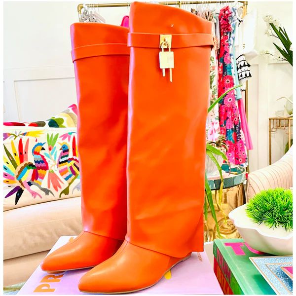 Orange Leather 3” Hidden Wedge Heel Piper Boots with Gold Buckle Detail | James Ascher