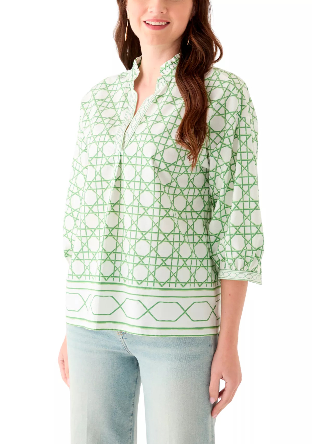 Women's 3/4 Sleeve Ruffle Neck Printed Blouse | Belk
