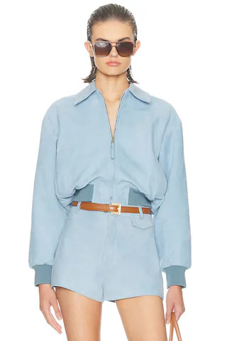 Helsa The Suede Zip Bomber in Faded Denim from Revolve.com | Revolve Clothing (Global)