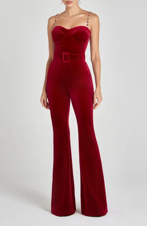 NADINE MERABI Harley Flare Velvet Jumpsuit in Red at Nordstrom, Size 2 | Nordstrom