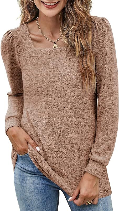 BZB Womens Tunic Tops for Leggings Square Neck Puff Sleeve Shirts Casual Fall Sweatshirts S-2XL | Amazon (US)