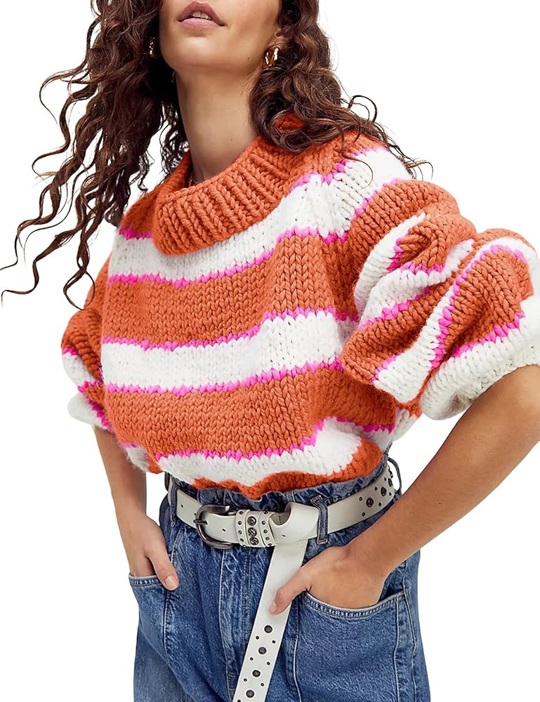 Yeokou Women Stripe Pullover Sweater Turtleneck Ribbed Knit Top Casual Fall Winter Chunky Knitwea... | Amazon (US)