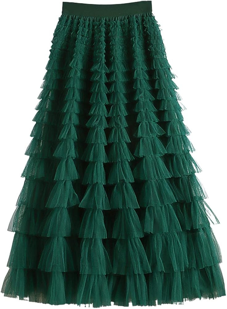 Womens Fairy A-line High Elastic Waist Layered Mesh Tulle Midi Skirt | Amazon (US)