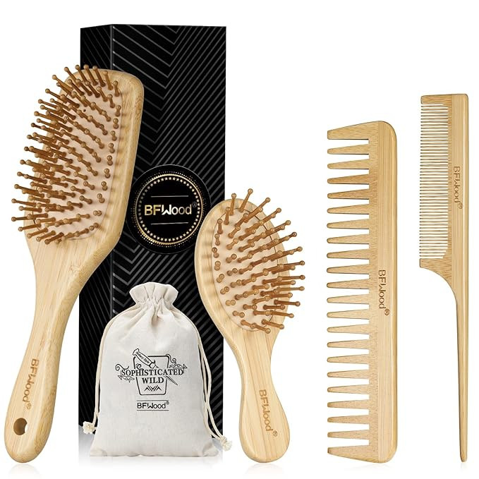 BFWood Bamboo Hair Brush and Combs Set, Eco-Friendly Wooden Hair Brushes Set for All Hair Types | Amazon (US)