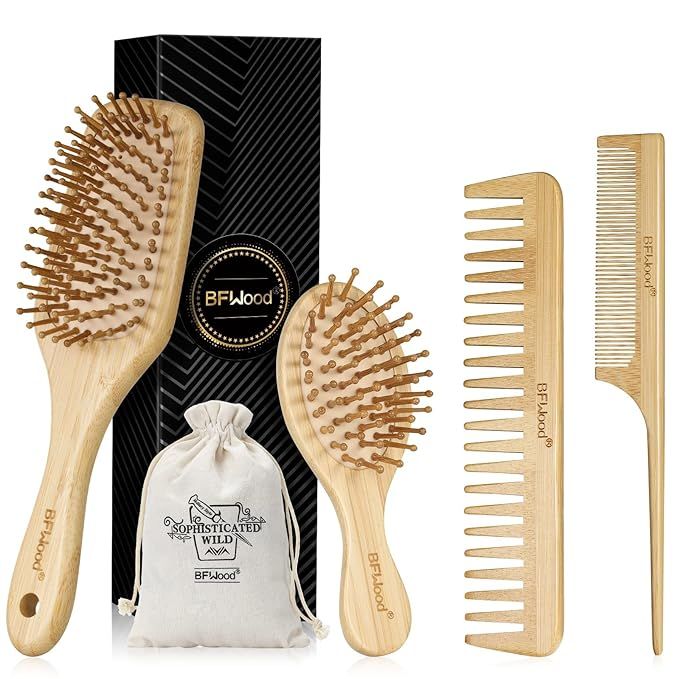 BFWood Bamboo Hair Brush and Combs Set, Eco-Friendly Wooden Hair Brushes Set for All Hair Types | Amazon (US)