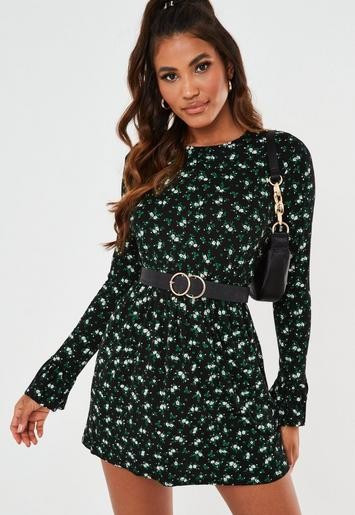 Black Floral Cuff Jersey Smock Dress | Missguided (US & CA)