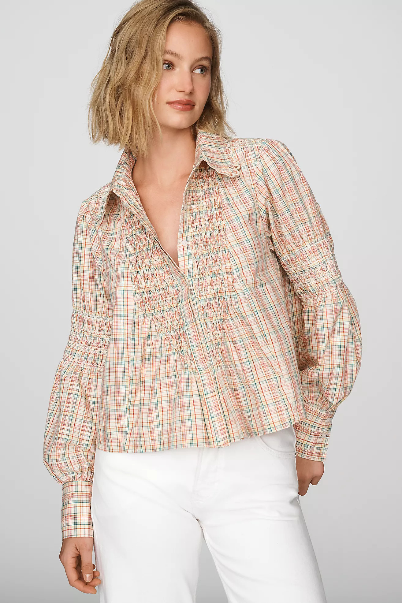 Maeve 100% Cotton Smocked Buttondown Shirt | Anthropologie (US)