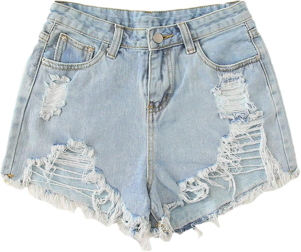 SweatyRocks Women's Summer Denim Shorts Frayed Raw Hem Jeans Shorts | Amazon (US)