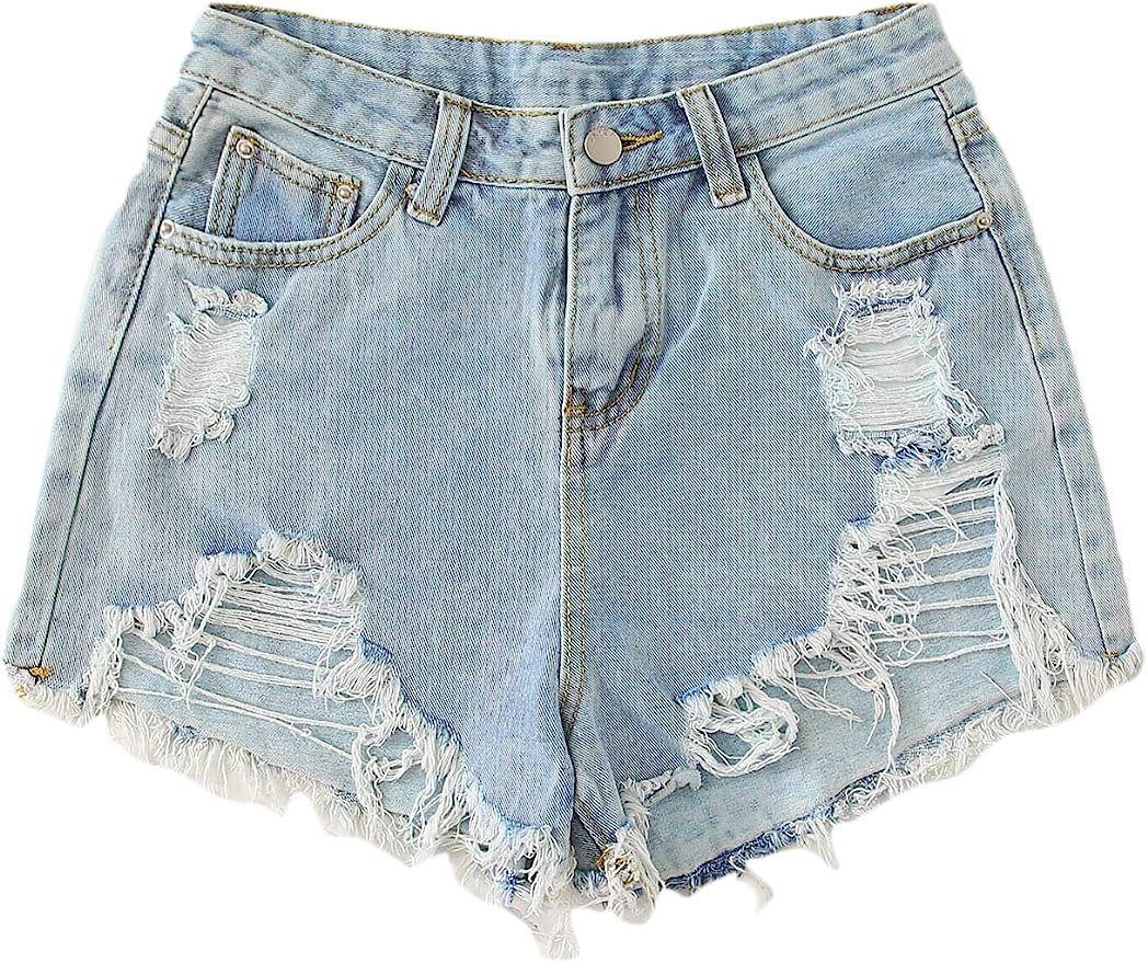 SweatyRocks Women's Summer Denim Shorts Frayed Raw Hem Jeans Shorts | Amazon (US)