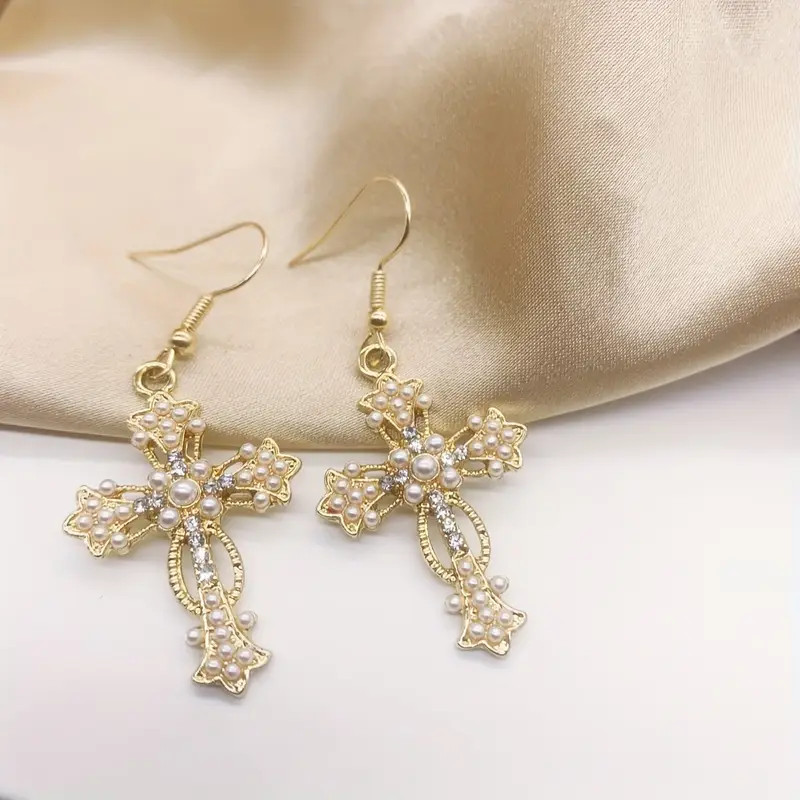 Baroque Style Sparkling Artificial Diamond Faux Pearl Cross Pendant Earrings For Women | Temu Affiliate Program