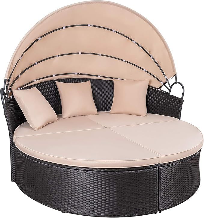 KaiMeng Patio Furniture Round Outdoor Daybed with Retractable Canopy Wicker Rattan Sectional Sofa... | Amazon (US)