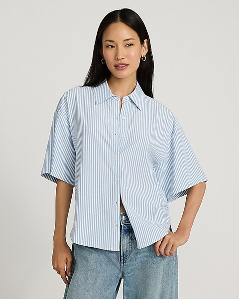 Striped Seersucker Short Sleeve Boyfriend Portofino Shirt | Express