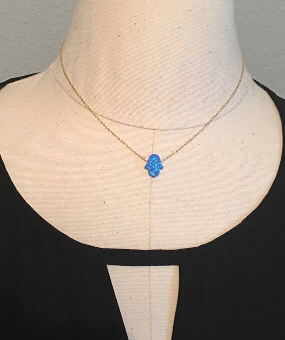 Bright Blue Fire Opal Hamsa on Gold Chain Necklace - Adjustable Size | Etsy (US)