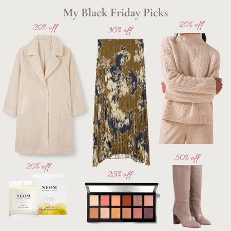 My Black Friday picks - cosy faux fur coat. Cashmere cable knit, floaty crinkle skirt, taupe knee boots, Bobbi brown eye palette, Neom scented candle 

#LTKeurope #LTKCyberSaleUK #LTKSeasonal