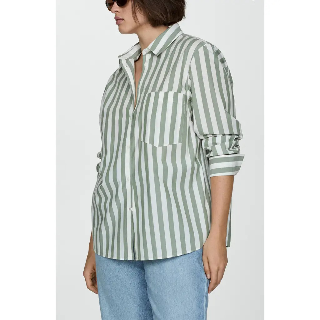 MANGO Stripe Cotton Button-Up Shirt in Green at Nordstrom, Size 4 | Nordstrom