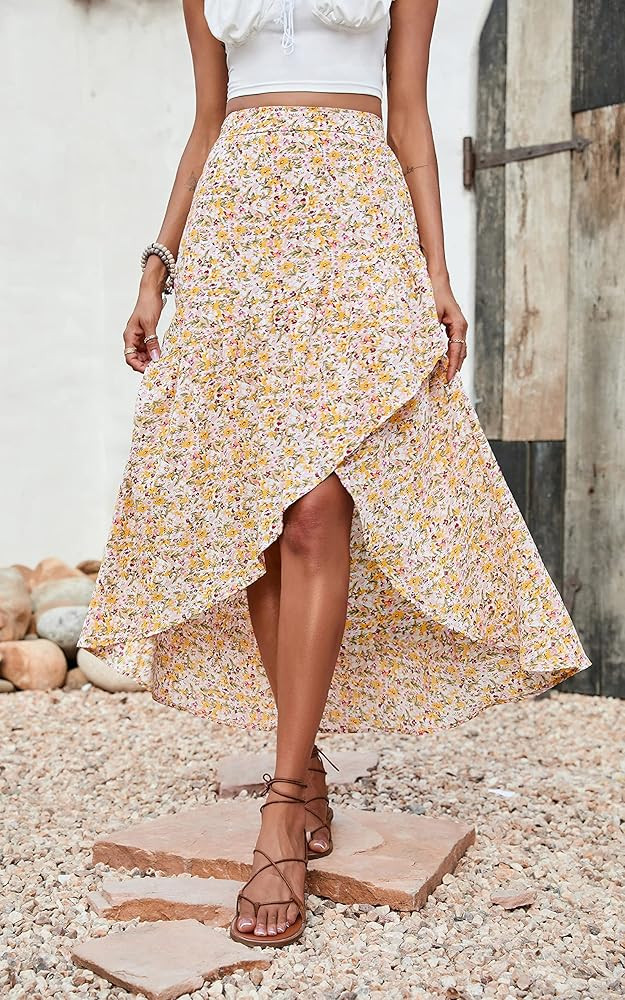 PRETTYGARDEN Womens Boho Floral Print Summer Dress Maxi Skirt High Low Ruffle Slit Casual High Waist | Amazon (US)