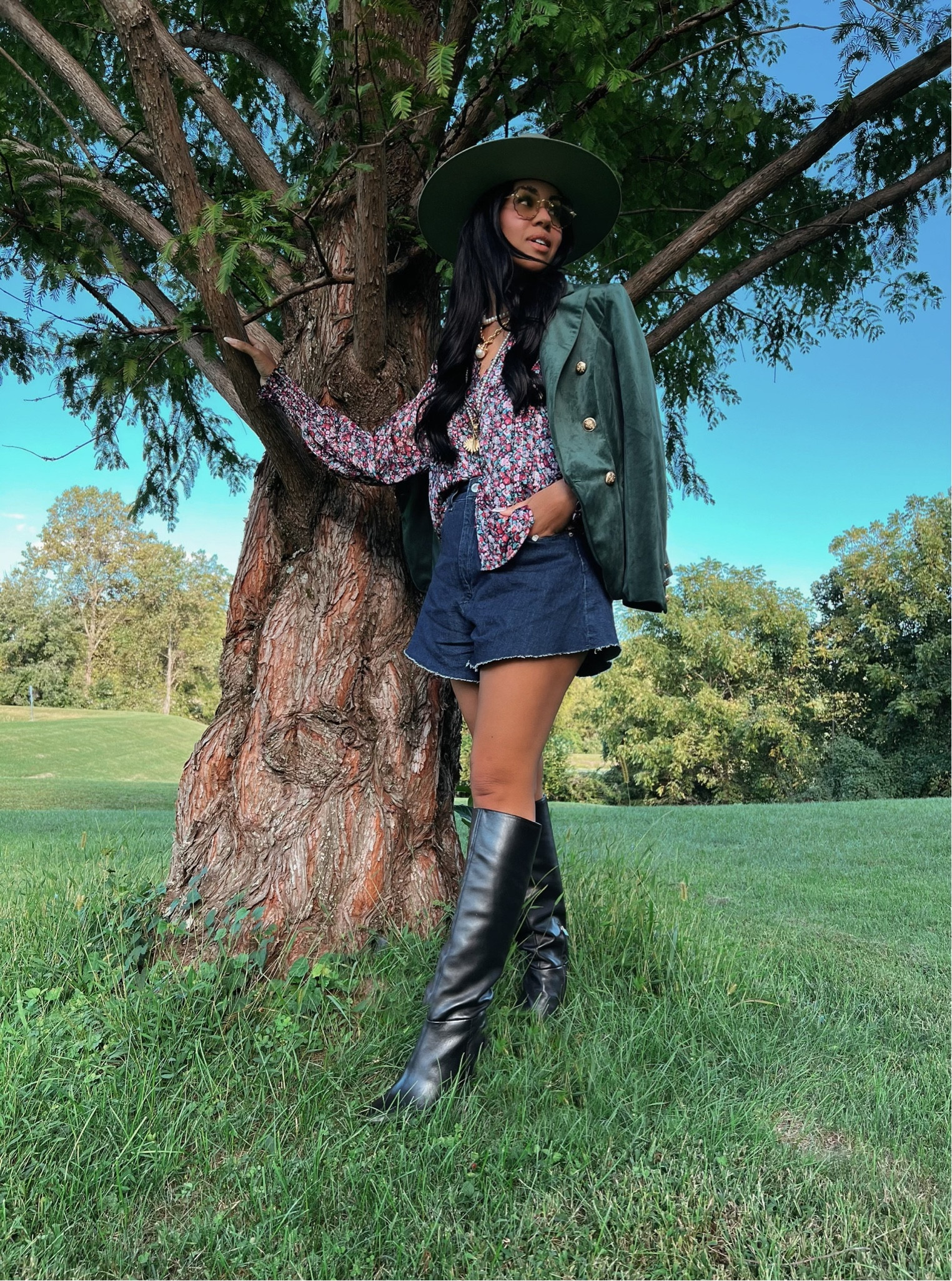Outfit from my EWF reels! This blazer is an oldie but I’ll find a similar one if I can’t find the exact. Code MOON15 on my blouse and anything else at Buddy Love. 

Code RACH20 on my jewels! 

This is a great fall transition look with an old school vibe. Hat is from Kemo sabe in vail village. 

#LTKstyletip #LTKfindsunder100 #LTKover40