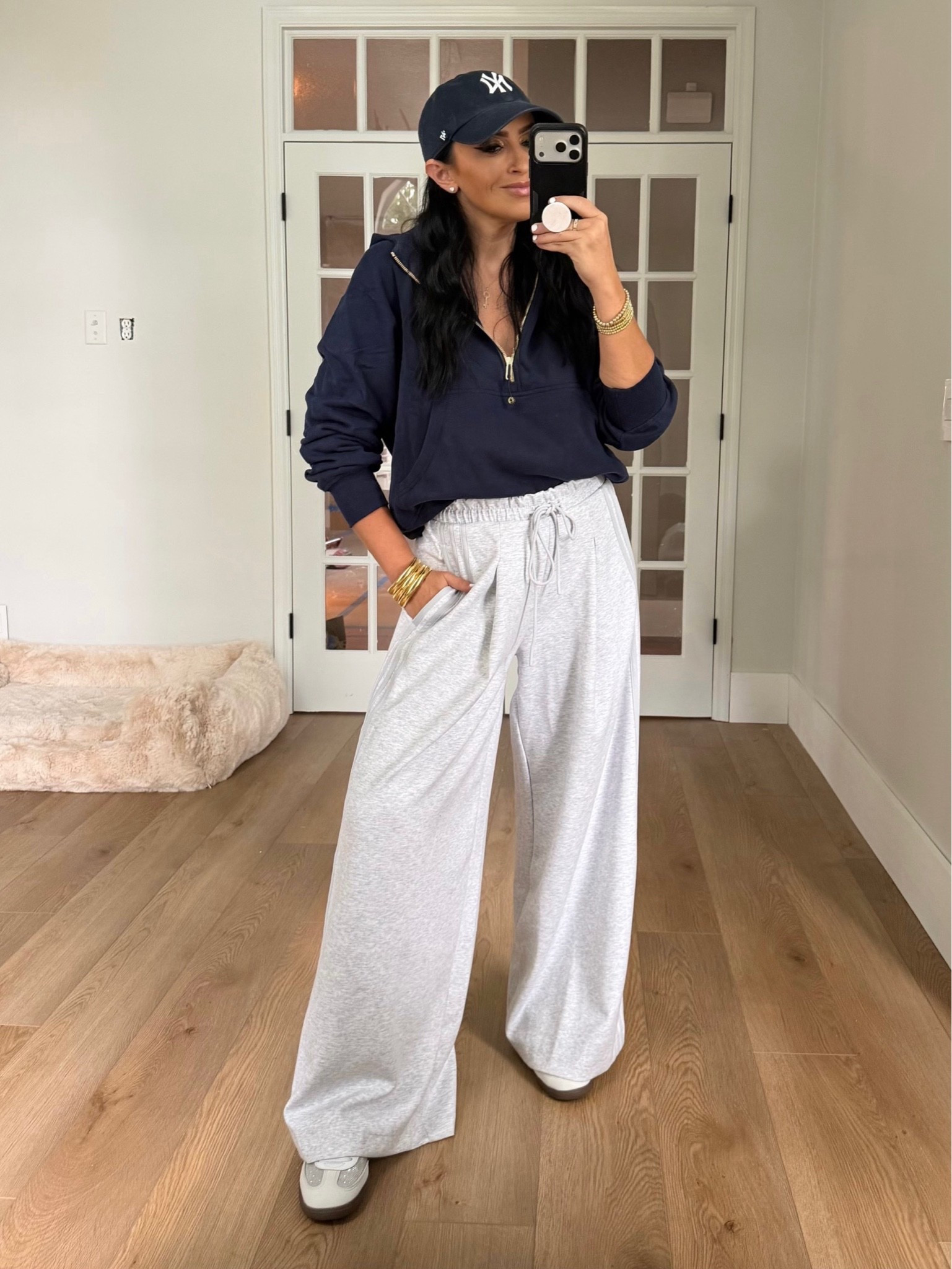 Women Gold Half Zip up Cotton Hoodies Casual Pullover Sweatshirt. Adidas wide leg pants.