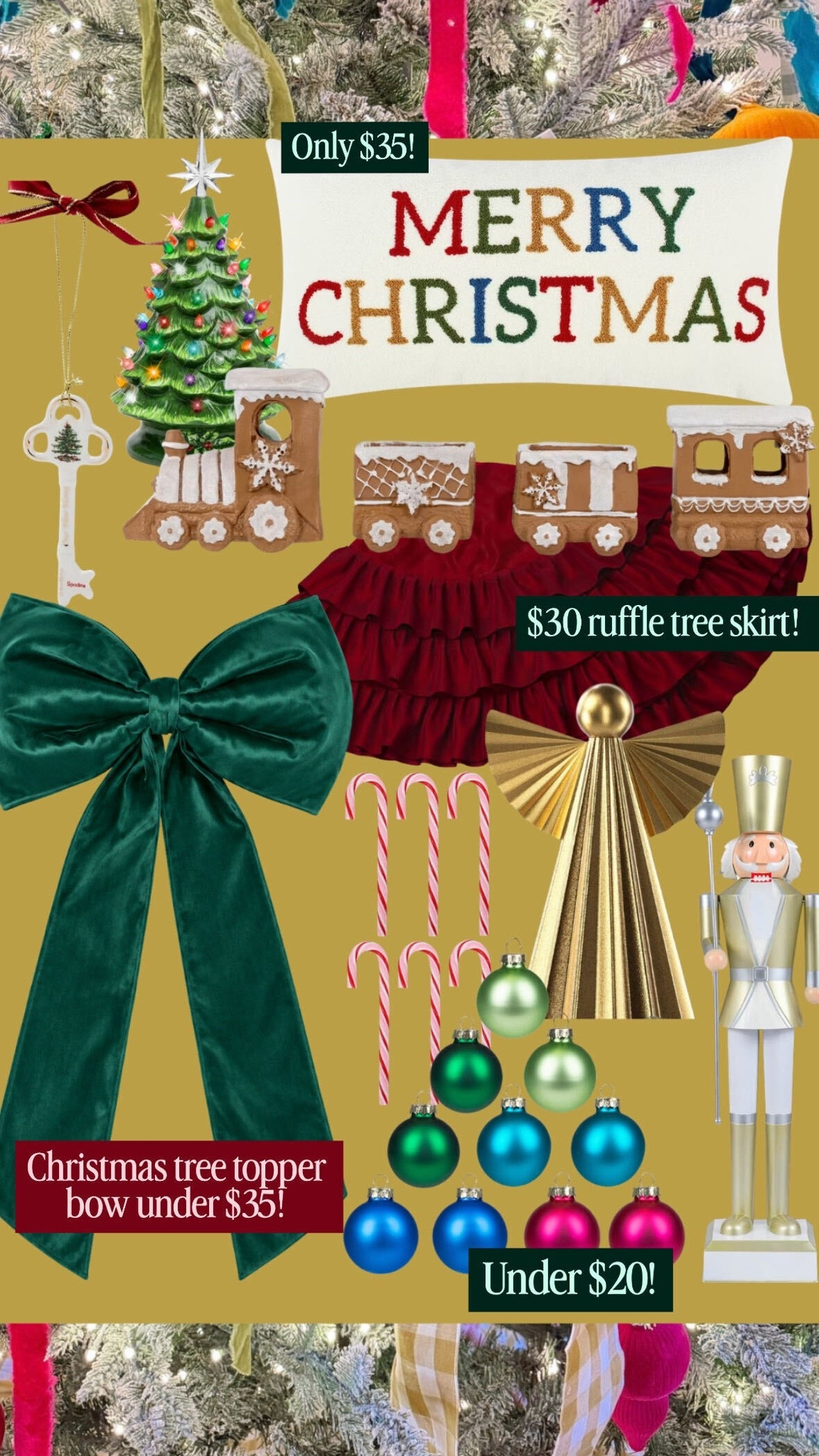 Colorful Christmas decor is officially taking over my cart! 🎄 I found the cutest tree skirt, velvet bow, ornaments, gingerbread train, pillow, and more at really good price points for holiday decorating. These are the kinds of Christmas finds I’d grab early before the cutest pieces start disappearing. 

 #LTKSeasonal #LTKHome #LTKSaleAlert
