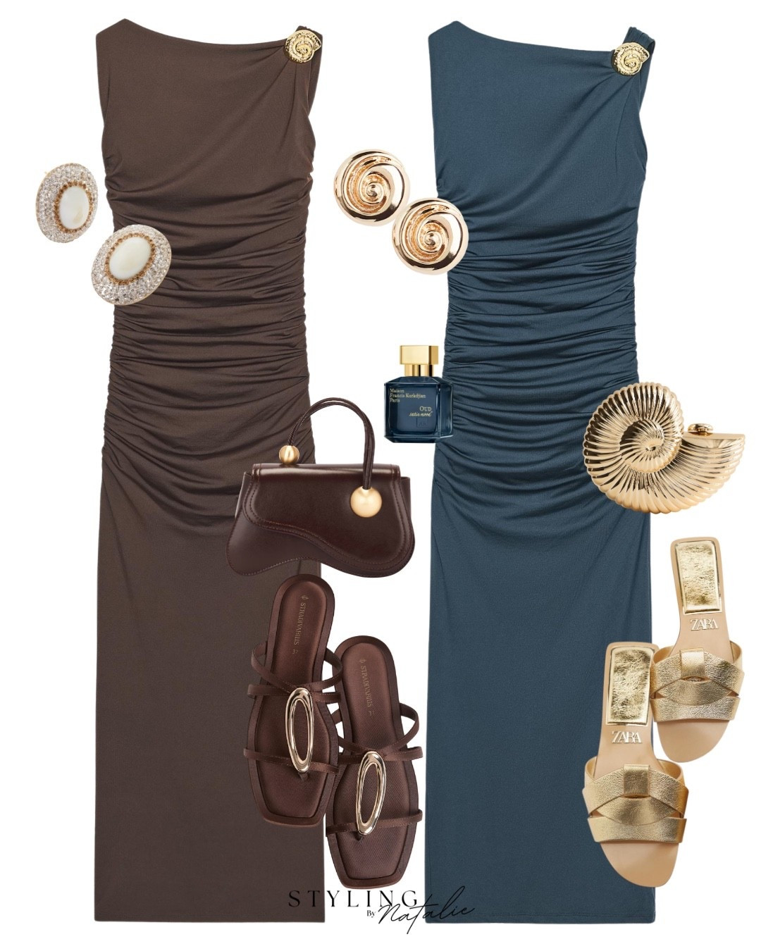Midi dresses- brown & navy ruched detail fitted dress with straight neckline and sleeveless design. Open back, gold sea shell detail and side ruching. Gold accessories, seashell clutch bag, gold sandals, statement earrings. Holiday dresses, date night look, party dress, summer evening wear, going out dress, Zara. 

#LTKdresses #LTKdatenight #LTKsummer