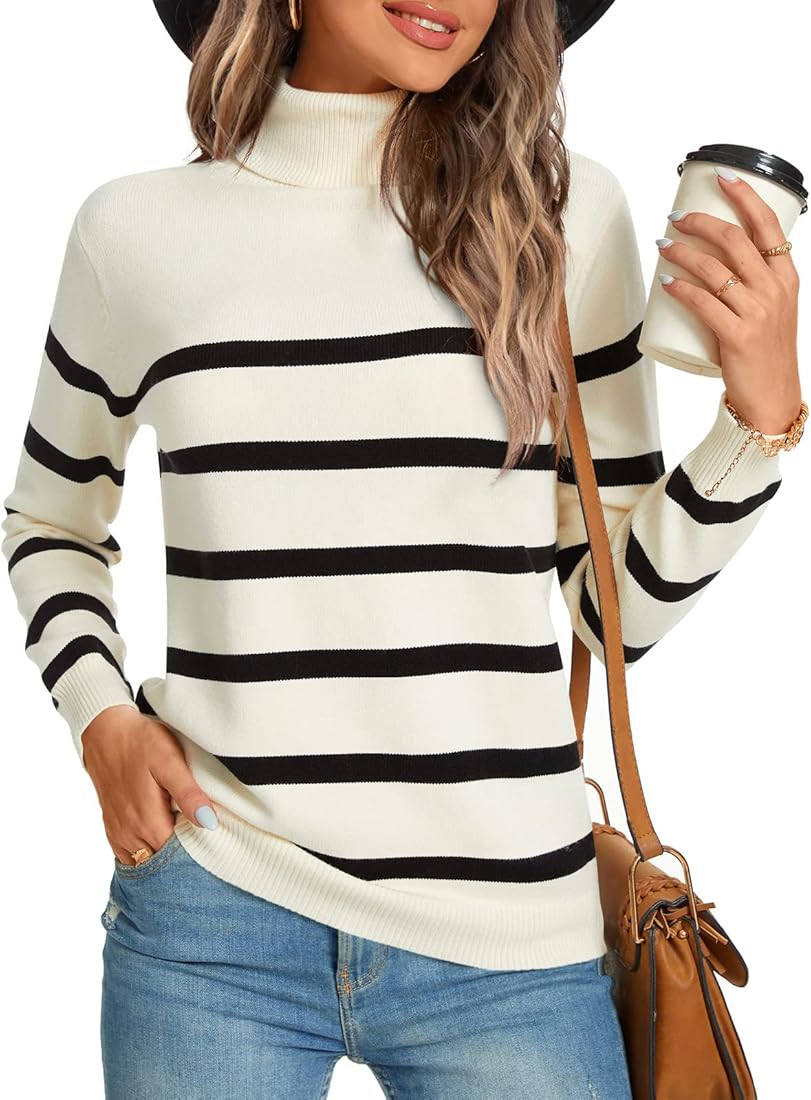 LONGYUAN Women Spring Turtle Necks Striped Knit Sweater Long Sleeve Pullover Casual Color Block Wint | Amazon (US)