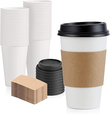 Amazon.com: [50 Pack] 16 oz Hot Beverage Disposable White Paper Coffee Cup with Black Dome Lid an... | Amazon (US)