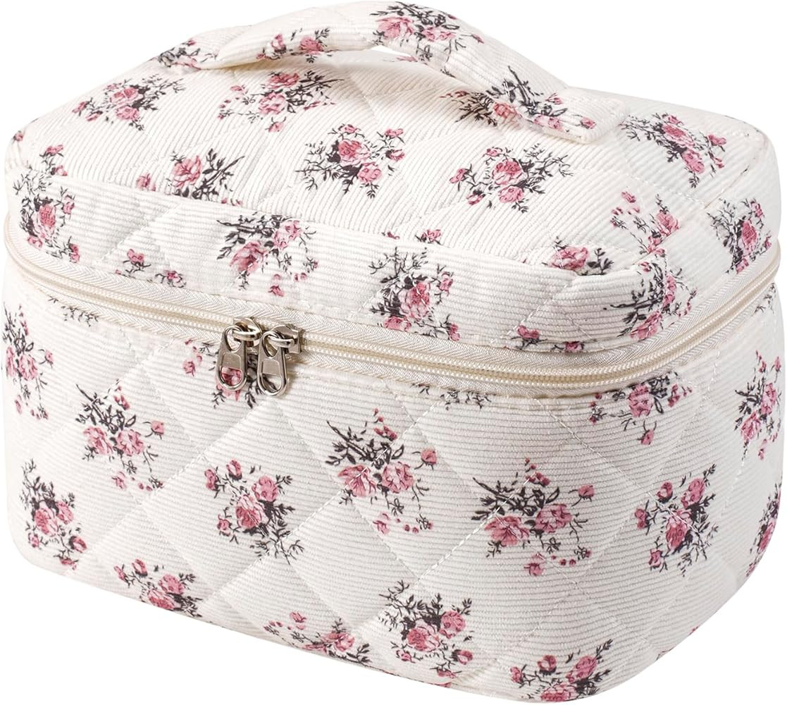 uekeboag Large Travel Quilted Makeup Bag for Women, Floral Cotton Cosmetic Bag, Coquette Aestheti... | Amazon (US)