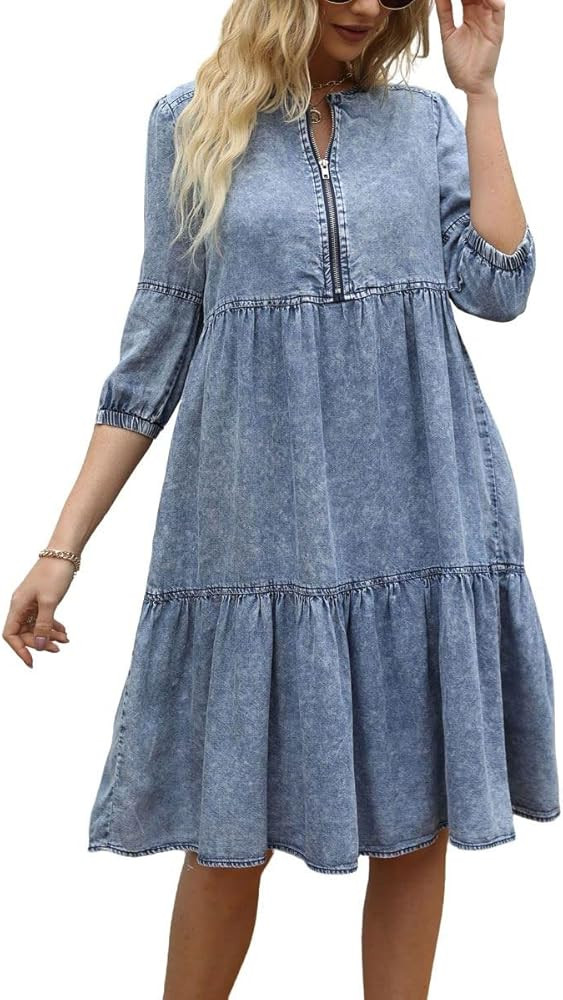 chouyatou Women's Vintage Washed Loose Fit 3/4 Sleeve Tiered Babydoll Mini Denim Jean Dress | Amazon (US)
