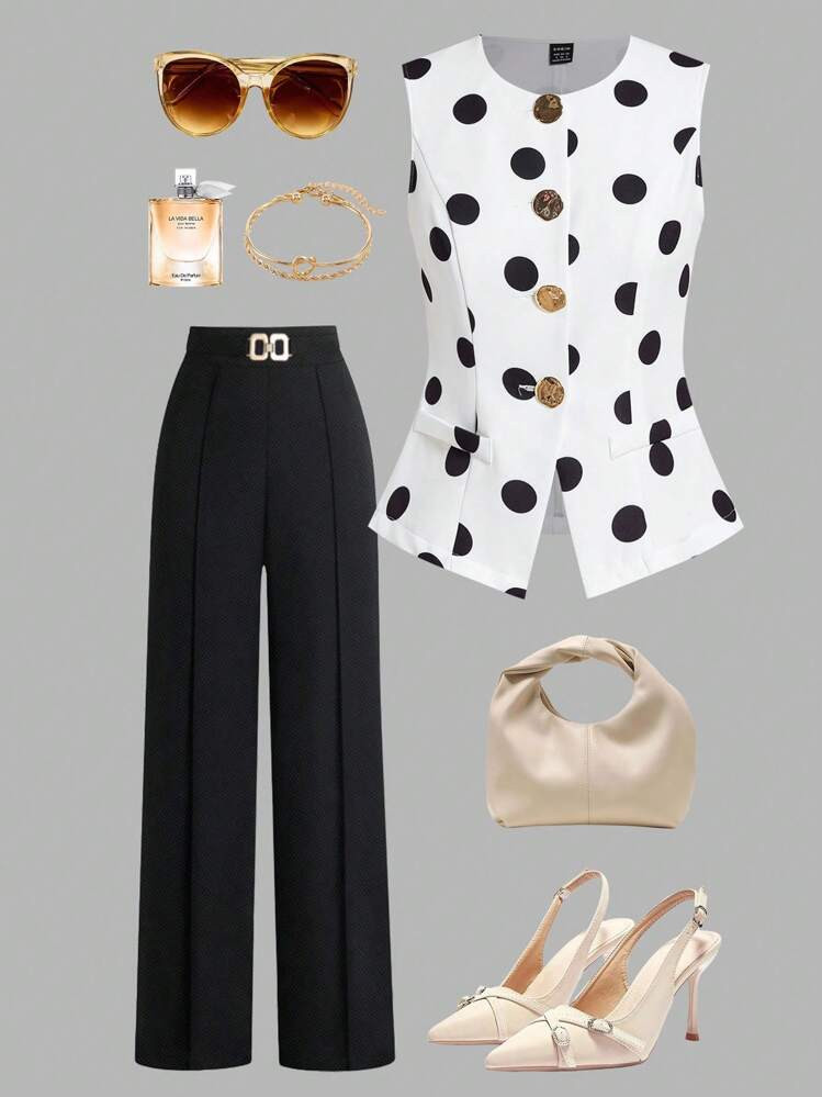 Ellevyn Women's Sleeveless Polka Dot Blouse, Office Wear, Metal Button Decor, Summer Bohemian Airport Honeymoon Fairycore Topfall Women Clothesautumn Clothes Back To School Teacher Airport Women Clothes Back To School Concert Homecoming Outfits For Women Office Outfits For Women Teacher Clothes Night Out Church Outfits Women Brunch Outfits For Womenbirthday Dresses For Women Wedding Guest Dress Women | SHEIN