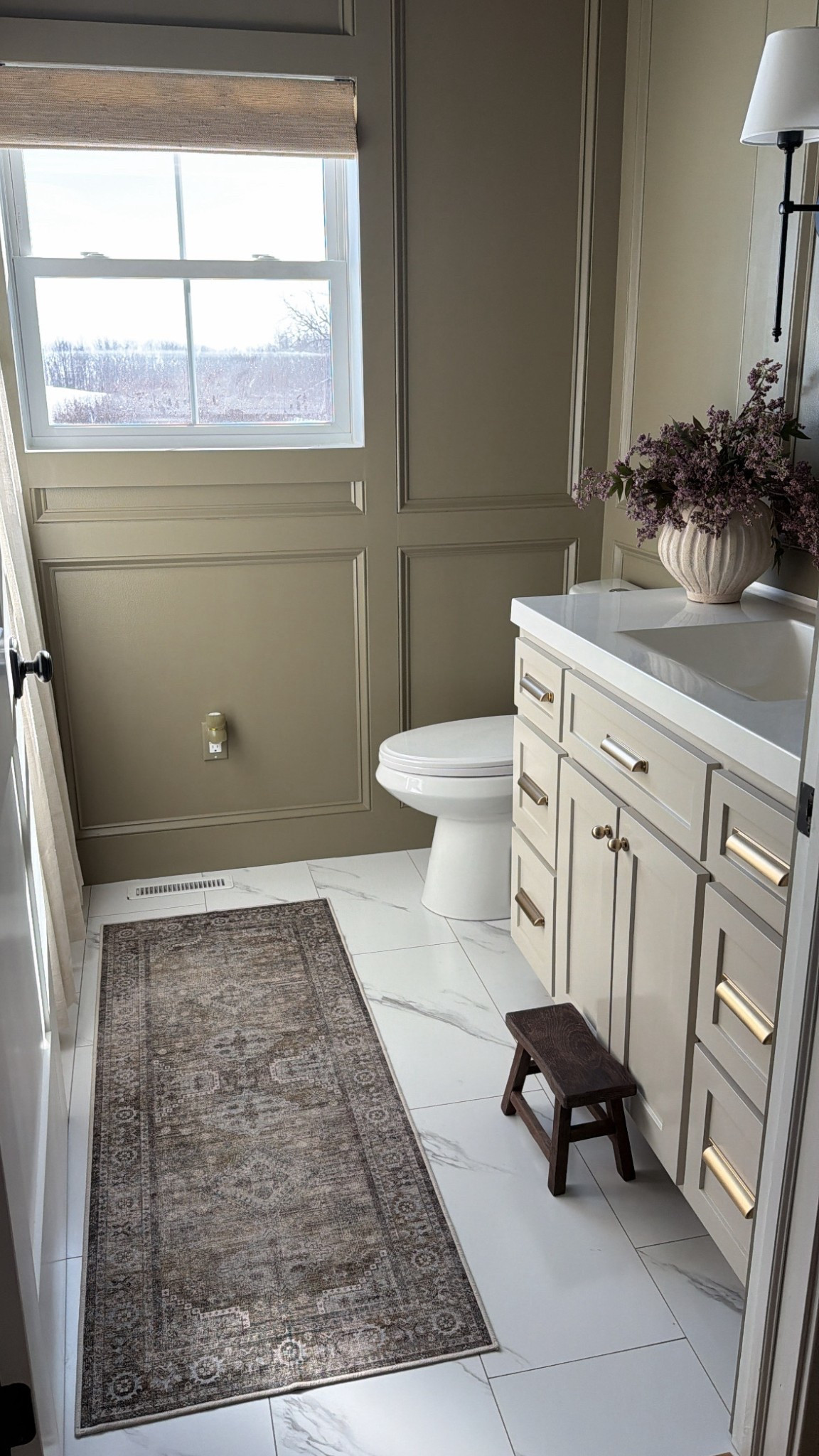 Washable runner for bathroomm

Paint:
Walls- Benjamin Moore tavern gray
Cabinet- Benjamin Moore revere pewter