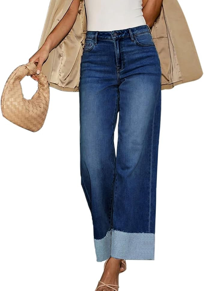 High Waisted Wide Leg Cuffed Jeans for Women Frayed Raw Hem 2026 | Ankle Length, Stretchy, Loose ... | Amazon (US)