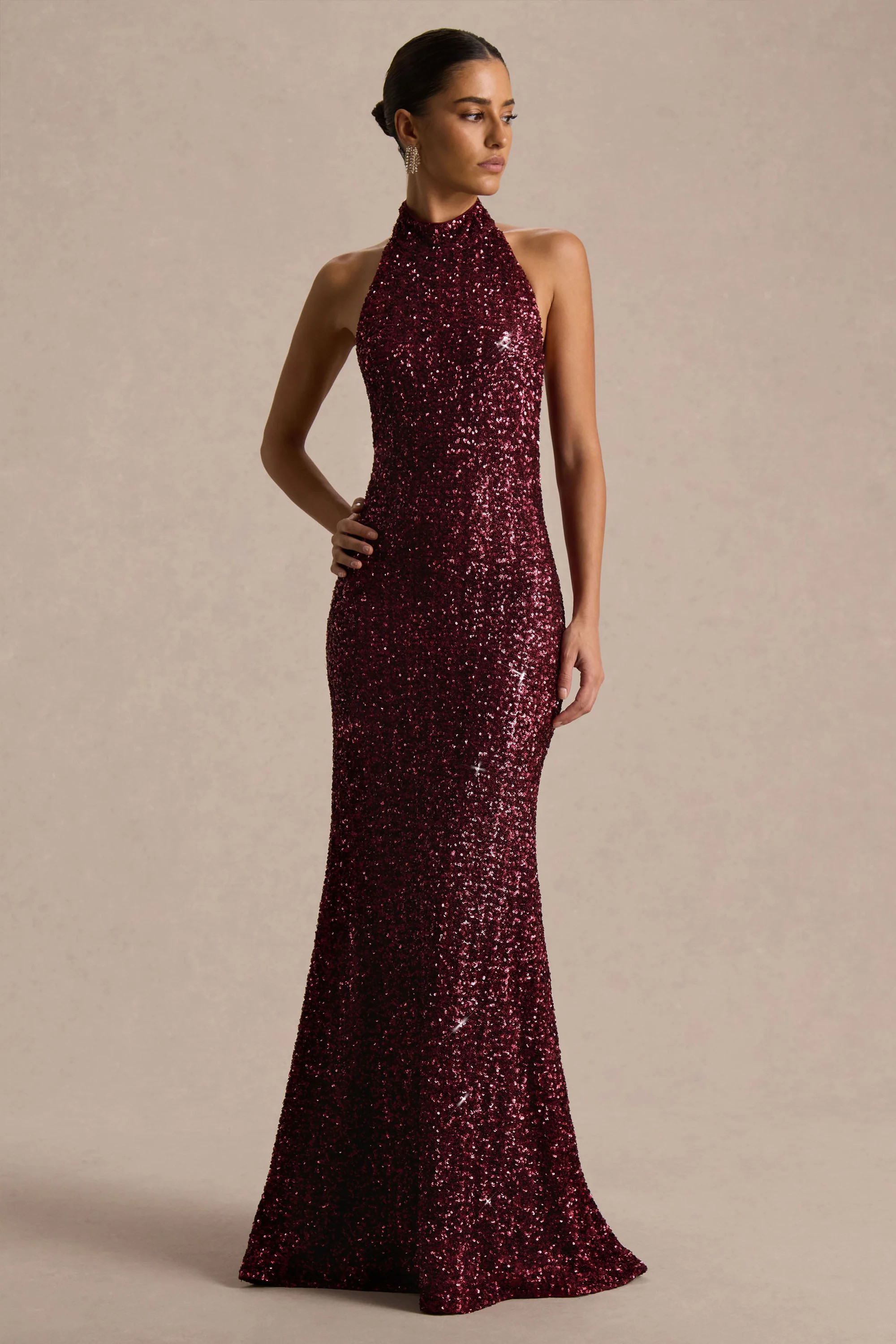 Tulia | Burgundy Sequin High-Neck Maxi Dress | Club L London