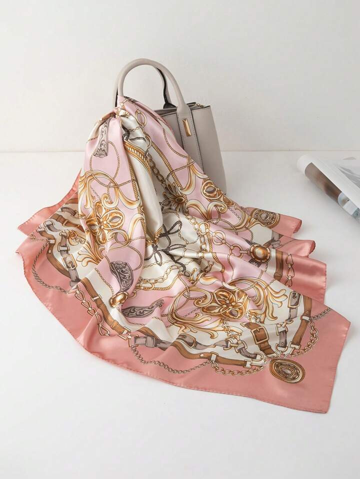 1pc Pink Minimalist Printed 90cm Women Scarf, Multifunctional Use As Waist Belt, Decorative, Headscarf, Shawl, Sarong, Fashionable Bohemian Style Accessory, Versatile For All Seasons, Suitable For Christmas Bandana | SHEIN