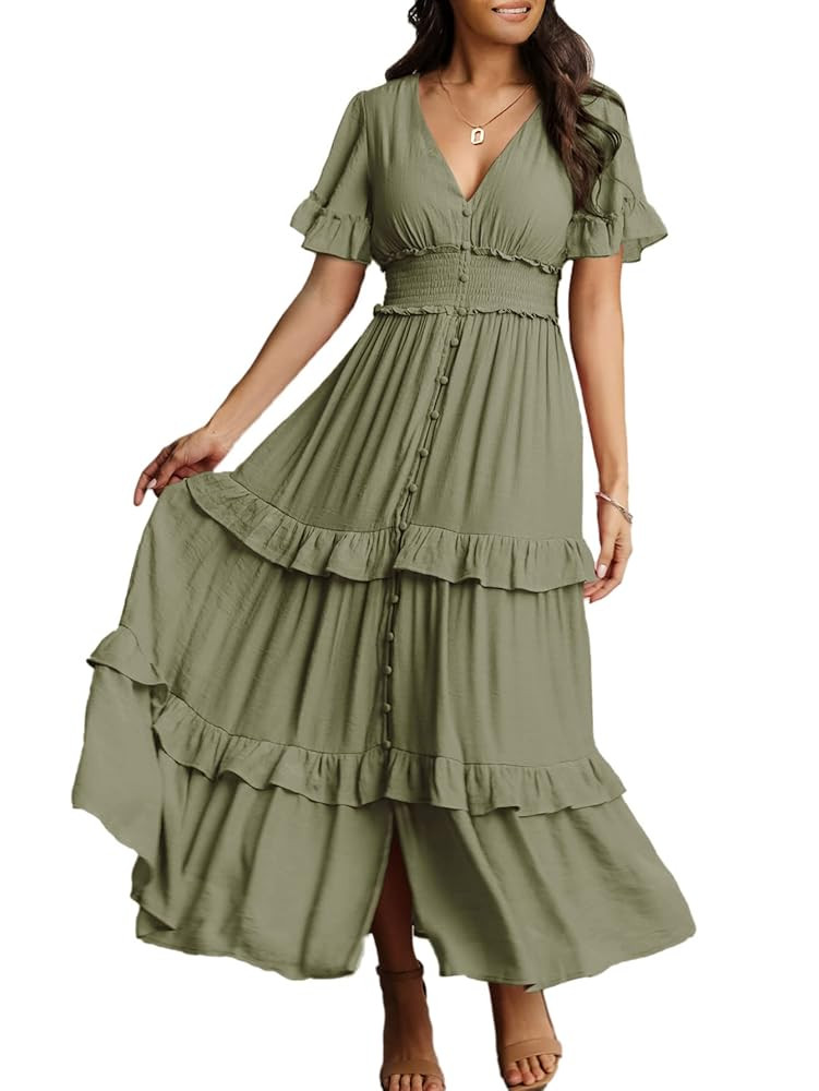 Amegoya Women's V Neck Long Sleeve Boho Maxi Dress Summer Wedding Guest Long Flowy Engagement Dre... | Amazon (US)