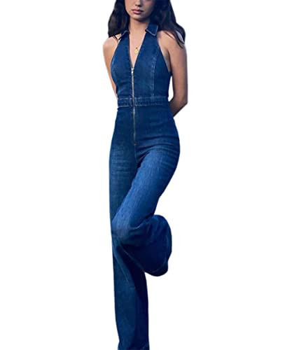 Glkaend Denim Jumpsuit for Women Sexy Slim Fit Zipper Sleeveless V-Neck High Waist Fashion Jean Pants Rompers,Blue,M | Amazon (US)