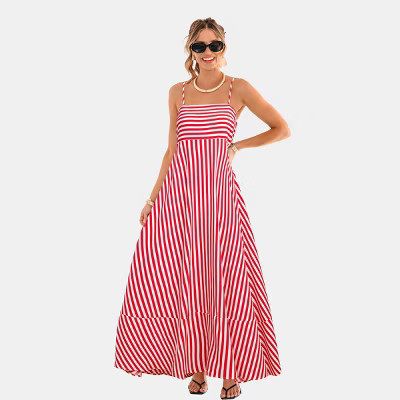 Women‘s Striped Spaghetti Strap Maxi Tiered Dress - Cupshe-XL-Red | Target