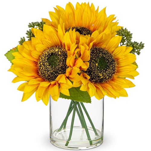 DILATATA Artificial Sunflower Arrangement in Clear Glass Vase with Fake Water, 9.4" Realistic Faux Sunflowers Table Decor for Farmhouse Home, Rustic Centerpieces for Kitchen Dining Living Room Office | Amazon (US)