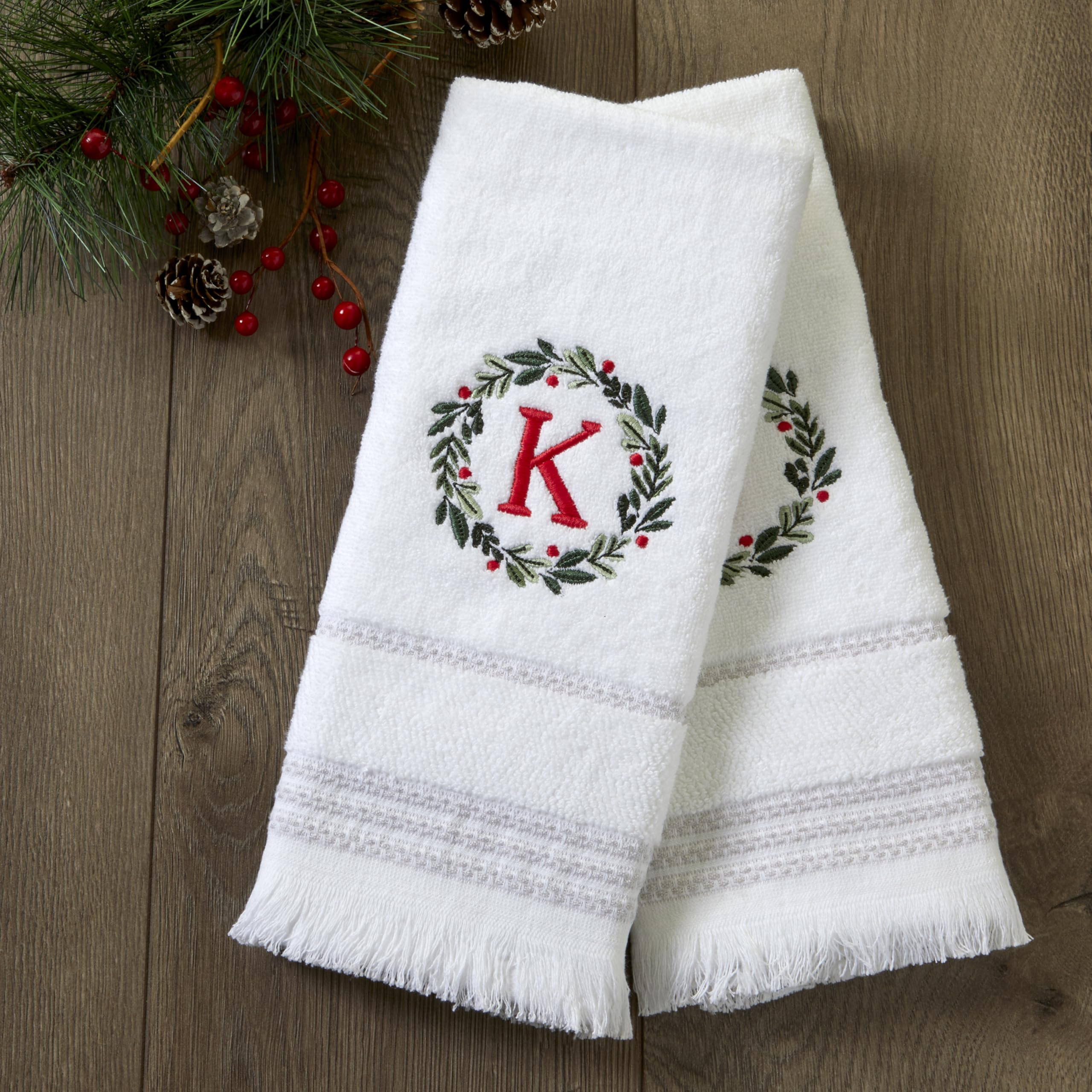 SKL Home Christmas/Winter Wreath Monogram Hand Towel K 2pc Set for Bath/Kitchen/Bar & Gift, White | Amazon (US)