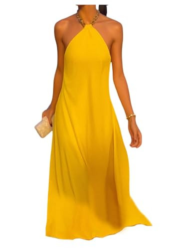 OYOANGLE Women's Sleeveless Chain Halter Maxi Dress Backless Elegant Flared Long Dresses Yellow X-Small | Amazon (US)