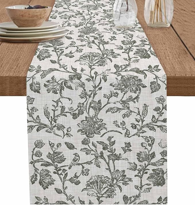 Sage Green Leaf Table Runner - 108 Inch Long Retro Farmhouse Plant Floral Branch Cotton and Linen... | Amazon (US)