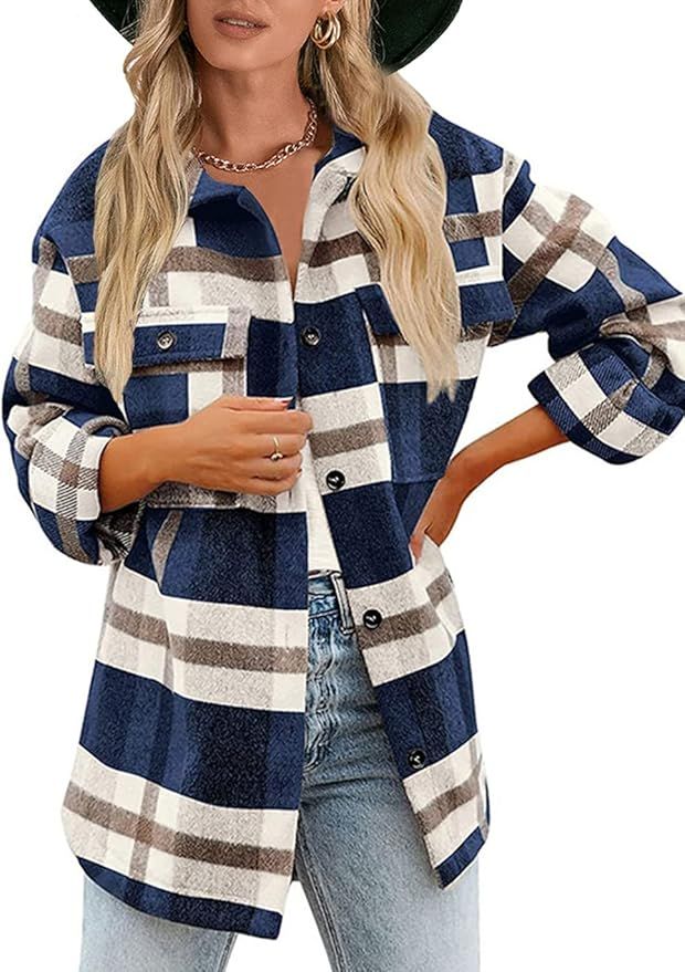 Amazon.com: Haellun Womens Wool Blend Plaid Flannel Button Down Shirts Jacket Shacket Coats(Grey,... | Amazon (US)