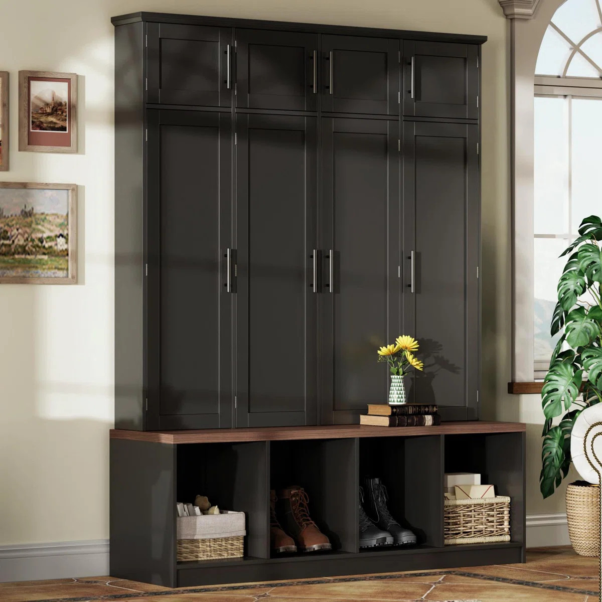 Farmhouse Hall Tree with 4 Hidden Hooks, Walnut Seating Bench, 8-Door Shoe Cabinet & Open Compart... | Wayfair North America