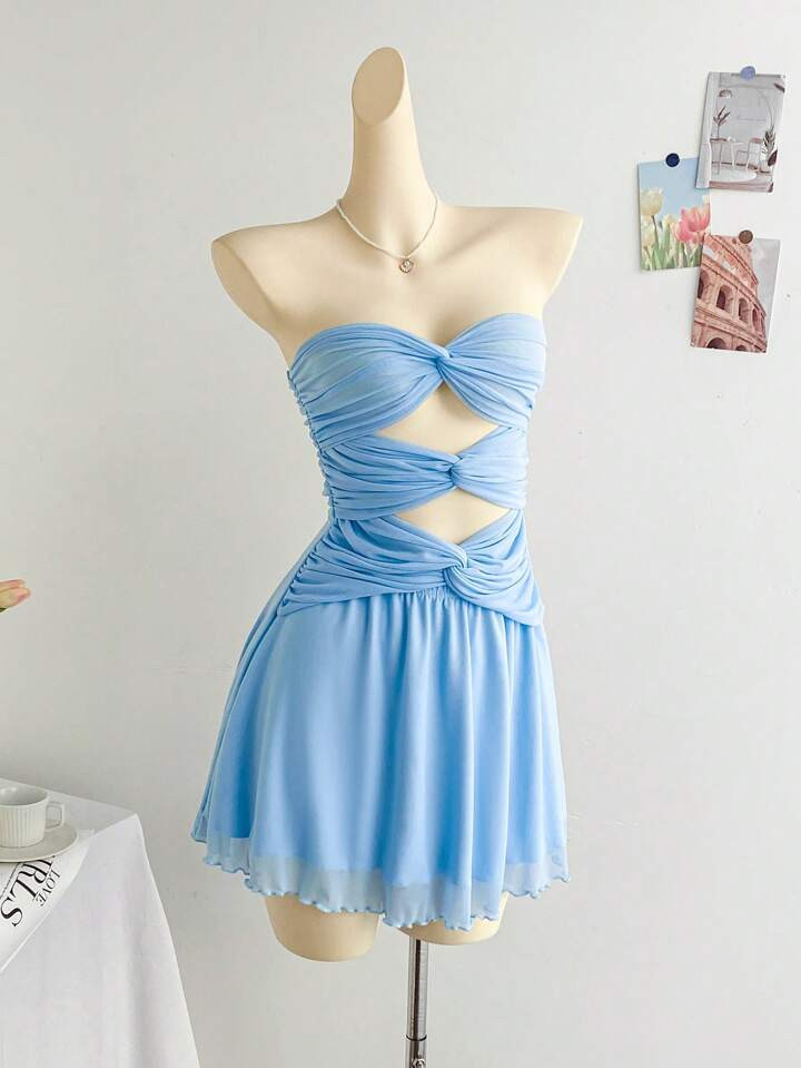 Soleia Sexy Yellow Lace See-Through Waist Fitted Mini Dress, For Holiday, Date, Valentine's Day, Afternoon Tea | SHEIN